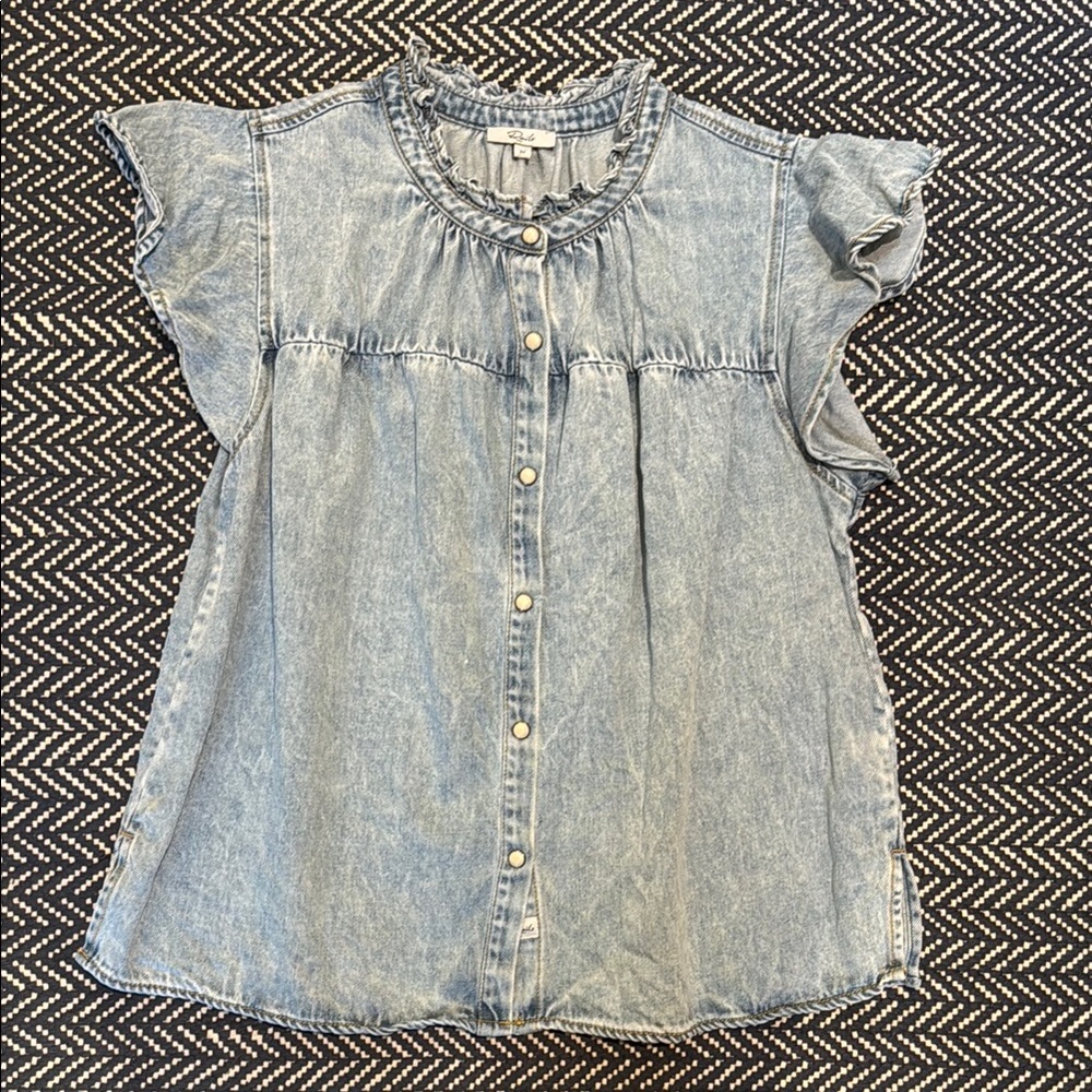 Rails Blue Denim Button Down Shirt with Distressed Style